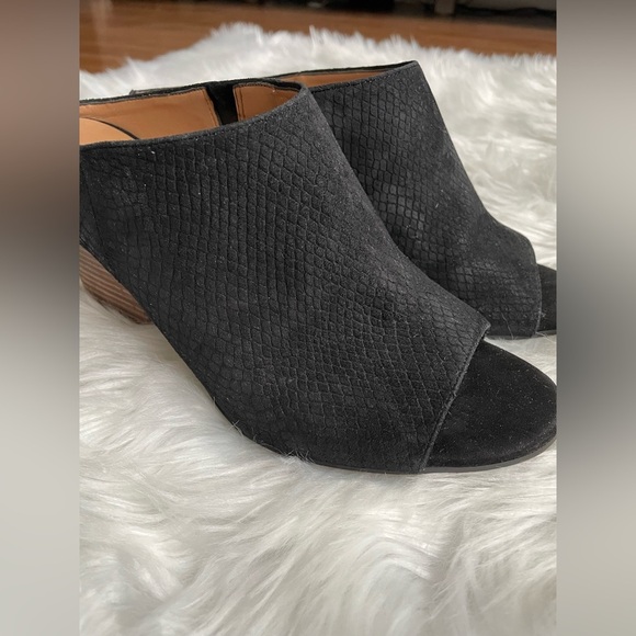 Franco Sarto | Size 10 Black Snake Embossed Suede Firefly Peep-Toe Mule Heels - Picture 2 of 15